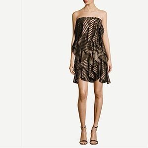 Halston Heritage Strapless Flounce Black & Gold Evening Cocktail Party Dress
